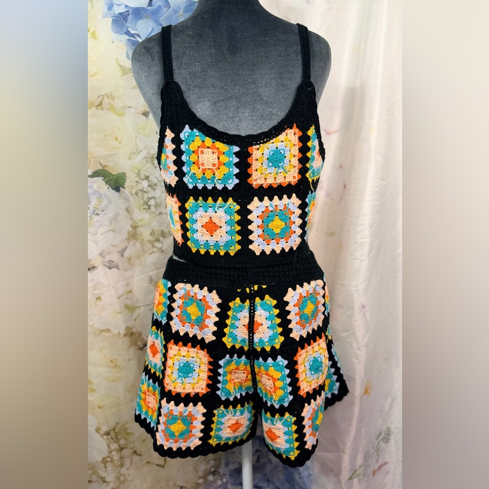 Rebellion Black Multicolor Crochet Short & Tank Set granny squares crop top - Picture 3 of 15
